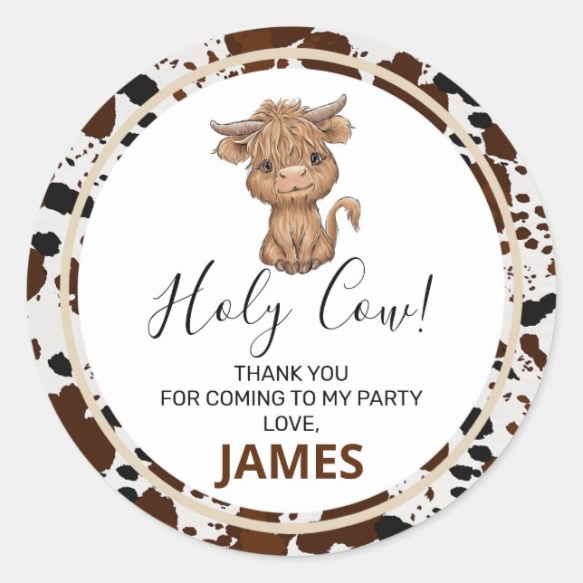 Adesivo Redondo Parto de Impressão de Vaca do Highland (Frente)