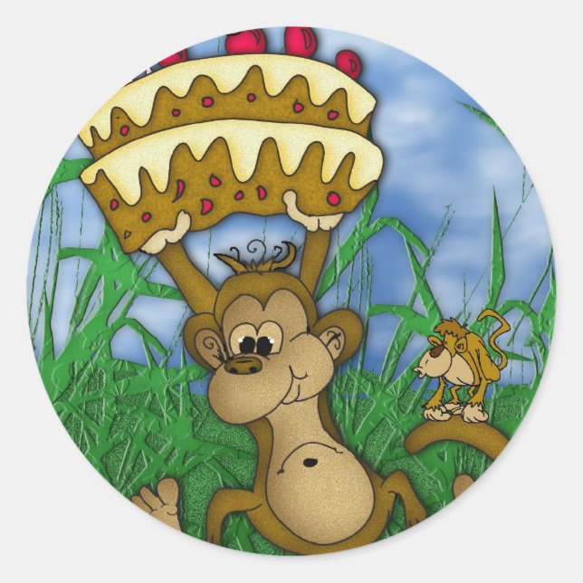 Adesivo Redondo parto de macaco Feliz Aniversário com macaco (Frente)