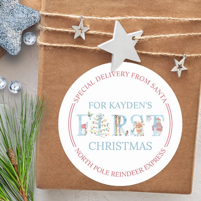 Adesivo Redondo Parto Especial do Polo Norte - Primeiro Natal (Baby Boy's first christmas special delivery from Santa on the North Pole Reindeer Express)