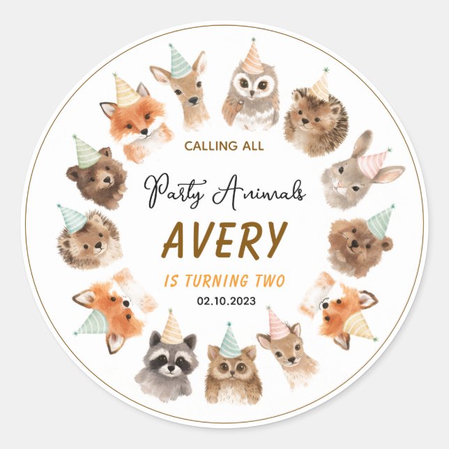 Adesivo Redondo Party Animals 2nd Birthday | Cute Jungle Animal (Frente)