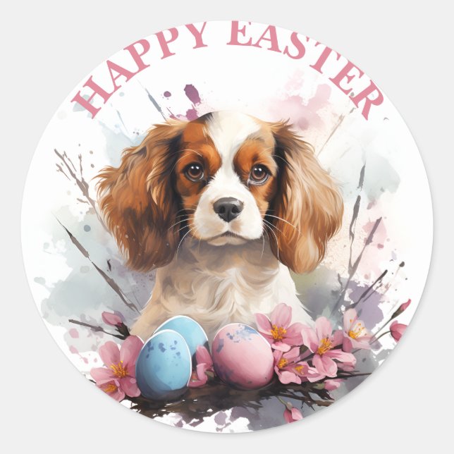Adesivo Redondo Páscoa Cavalier King Charles Eggs and Flowers - (Frente)