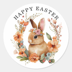 Adesivo Redondo Páscoa de Bunny Rabbit Floral Wreath