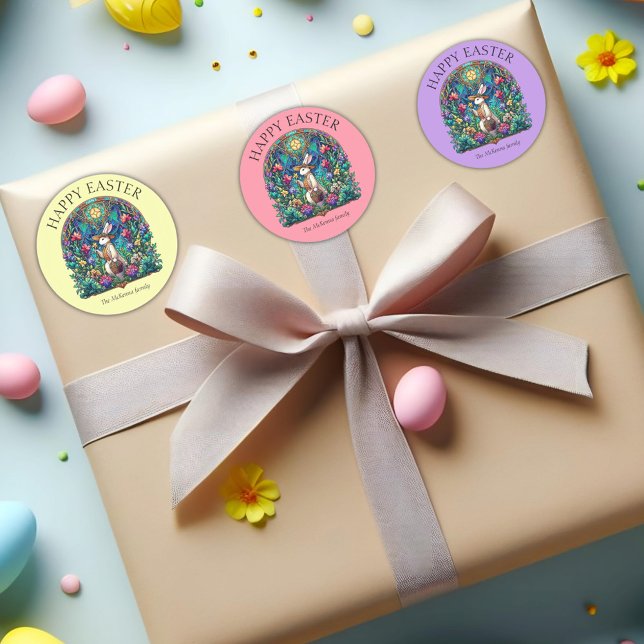 Adesivo Redondo Páscoa de Vidro Arrefecida de Coelho Amarelo (Criador carregado)