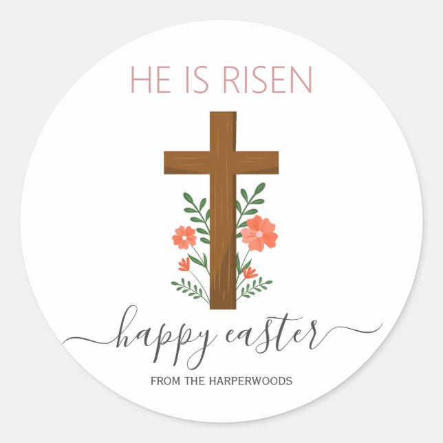 Adesivo Redondo Páscoa Elegante Caligrafia Floral Cruz Cristã (Frente)