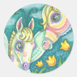 Adesivo Redondo PÁSCOA primavera, CAVALO DE BEBÊ DE RAINBOW, VINHO