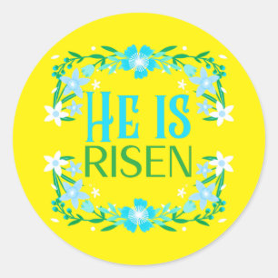 Adesivo Redondo Páscoa Religiosa Ele É Azul Risen E Amarelo Flor