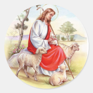 Adesivo Redondo Páscoa religiosa, jesus com carneiros