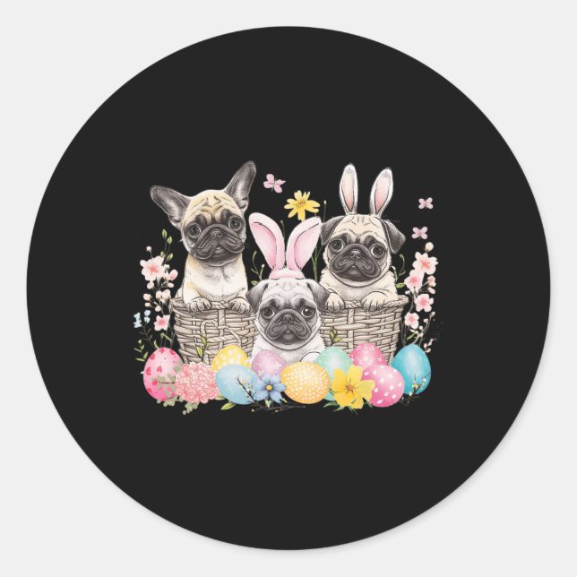 Adesivo Redondo Páscoa Três Pug Fofa Orelhas de Coelho da Páscoa A (Frente)