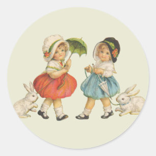 Adesivo Redondo Páscoa Vintage Crianças Coelhinhos Toucas Antigo