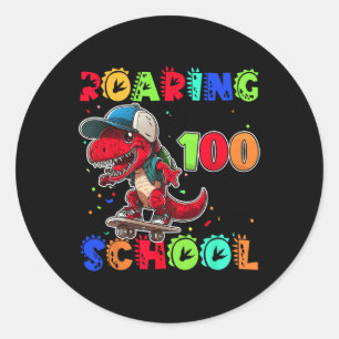 Adesivo Redondo Passando Por 100 Dias Na Escola Dino T-rex Skatebo