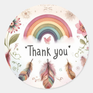 Adesivo Redondo Pássaro Arco-íris Aquarela & Penas Boho Obrigado