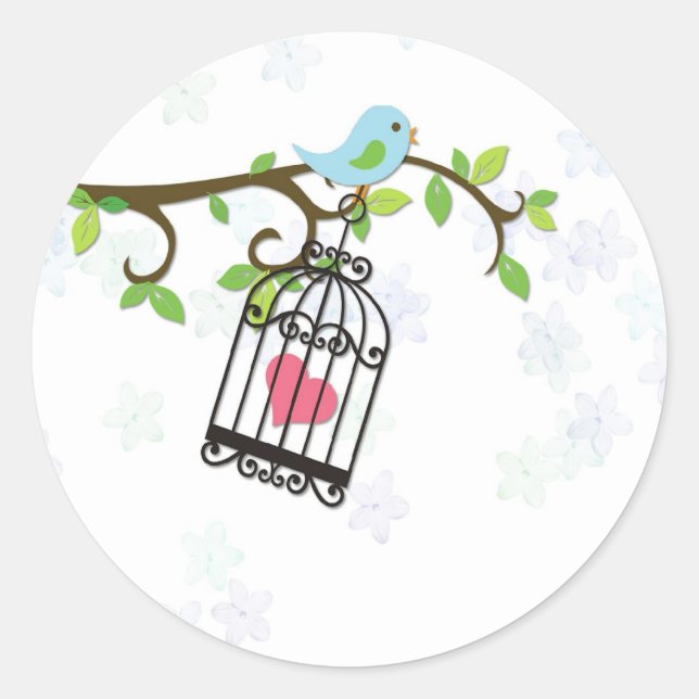 Adesivo Redondo Pássaro Azul, Gaiola de Pássaros (Frente)