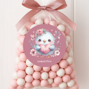 Adesivo Redondo Pássaro Bonito Rosa Coração Adorável Feliz Dia dos