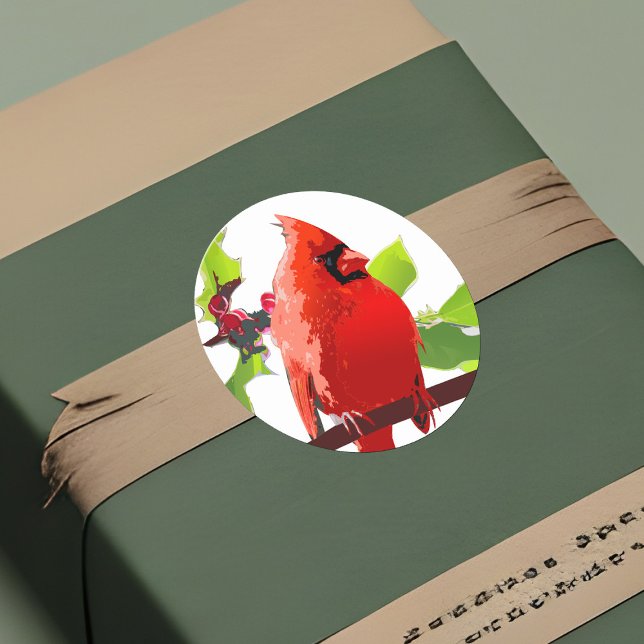 Adesivo Redondo Pássaro Cardinal Festivo Holly Holiday Cheer (Holiday cardinal sticker, red Christmas bird in pop art style)