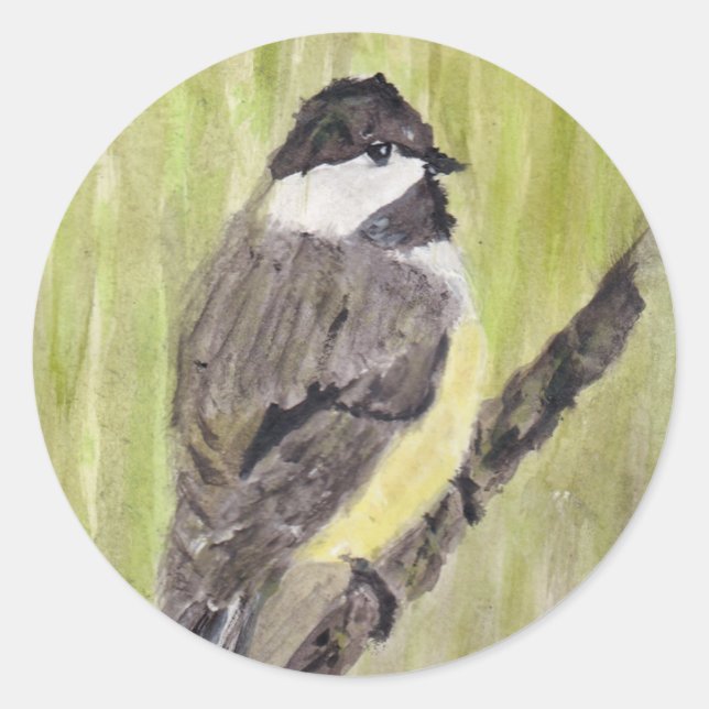 Adesivo Redondo Pássaro Chickadee de casaco preto - pintura acríli (Frente)