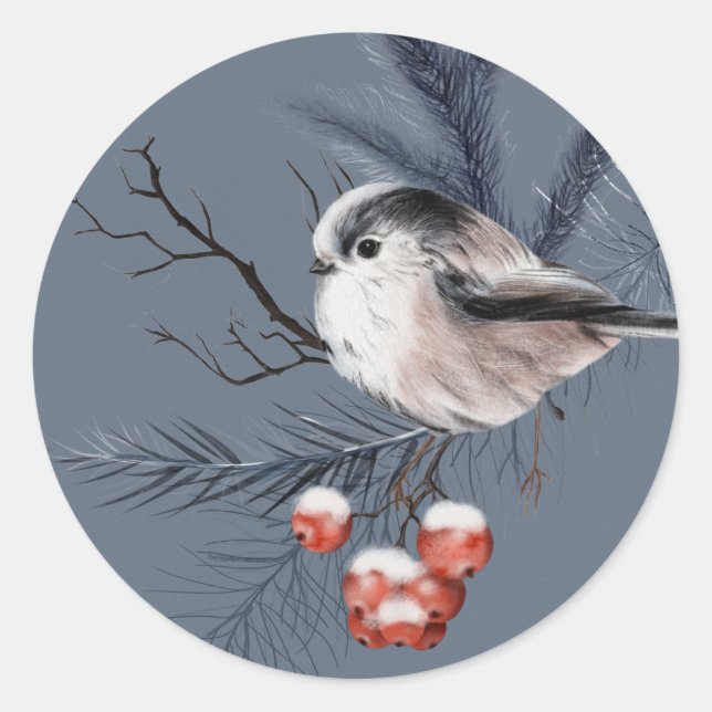 Adesivo Redondo Pássaro Chickadee em Holly Limb (Frente)