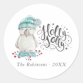 Adesivo Redondo Pássaro de Inverno em Aquarela Natal Holly Jolly