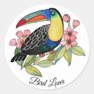 Adesivo Redondo Pássaro de Toucan da aguarela com flores