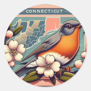 Adesivo Redondo Pássaro do Estado de Connecticut e Flor Azul Verme