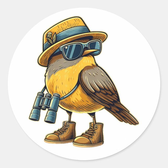 Adesivo Redondo Pássaro Engraçado Nerd-Pássaro Vigiando Pássaro-Pá (Frente)