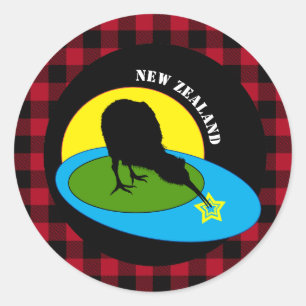 Adesivo Redondo Pássaro Kiwi & Nova Zelândia, Xadrez Búfalo Vermel