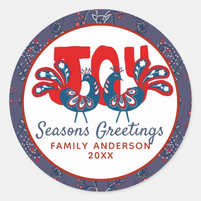 Adesivo Redondo Pássaro Vermelho Vermelho Escandinavo de Natal Fol (Frente)