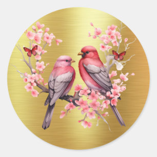 Adesivo Redondo Pássaros de Amor Românticos - Cerejeiras Rosa