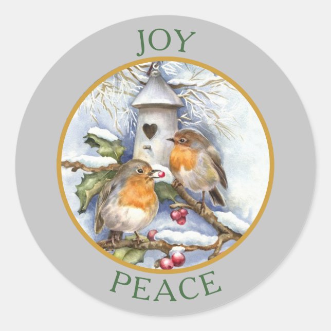 Adesivo Redondo Pássaros de Inverno Alegria Paz Natal (Frente)