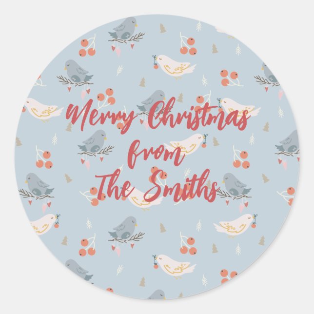 Adesivo Redondo Pássaros de Natal do Pastel - Padrão sem costura (Frente)