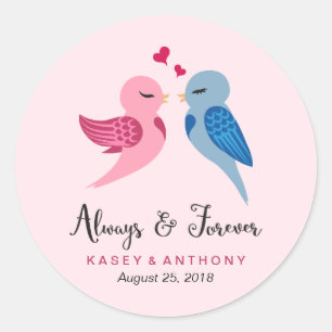 Adesivo Redondo Pássaros do Amor - Pinheiros de Casamento Rosa e 
