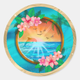 Adesivo Redondo Pássaros do Oceano Praia Summer voam no céu e mina