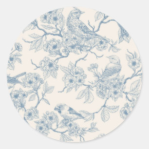 Adesivo Redondo Pássaros e flor de cerejeira em azul e branco esma