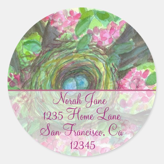 Adesivo Redondo Pássaros Nest Primavera Flower Watercolor Endereço (Frente)