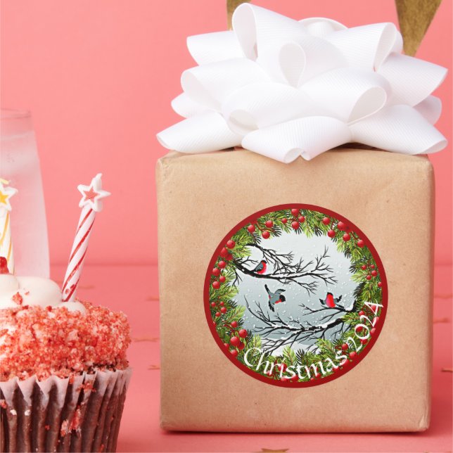 Adesivo Redondo Pássaros Personalizados Em Pinheiros Agulhas De Ne (Festa)