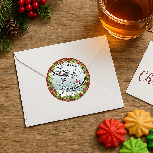 Adesivo Redondo Pássaros Personalizados Em Pinheiros Agulhas De Ne (Criador carregado)