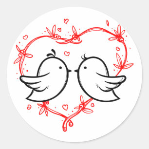 Adesivo Redondo Pássaros Pretos de Amor Coração Vermelho Casamento