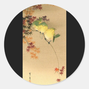 Adesivo Redondo Pássaros verdes na árvore de bordo, arte japones