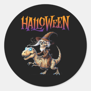 Adesivo Redondo Passeio de Esqueleto de T-rex de Halloween 