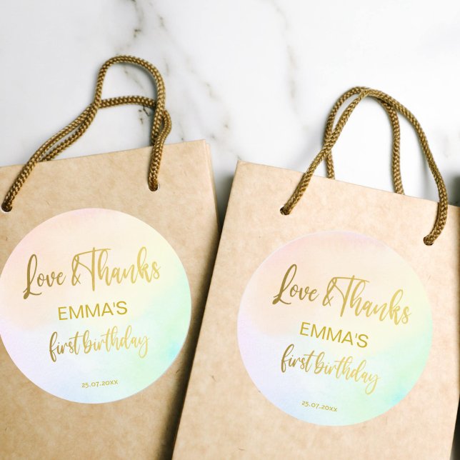 Adesivo Redondo Pastel arco-íris ombre primeiro obrigado de aniver (Criador carregado)