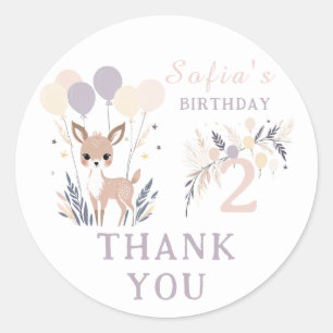 Adesivo Redondo Pastel Boho Fawn e Balões Aniversário Obrigado