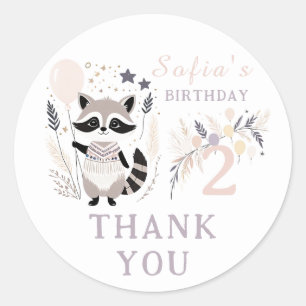 Adesivo Redondo Pastel Boho Raccoon e Balões Aniversário Obrigado
