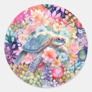 Adesivo Redondo Pastel-Cachorro Primavera Aquarela Tartaruga-do-ma