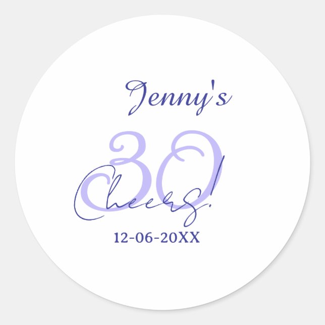 Adesivo Redondo Pastel cheers 30th birthday purple elegant name da (Frente)