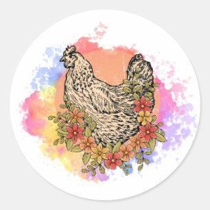 Adesivo Redondo Pastel Chicken with Flowers Design