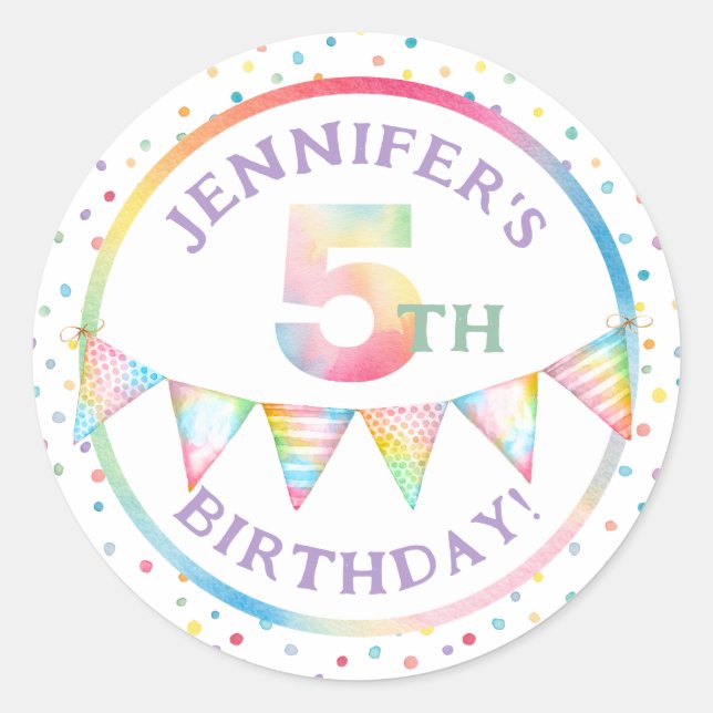 Adesivo Redondo Pastel Confetti 5 Birthday Favor Sticker (Frente)