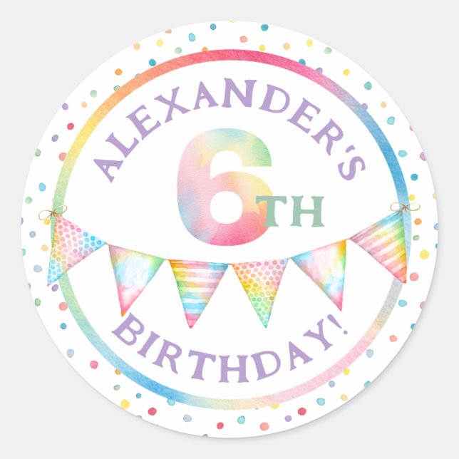 Adesivo Redondo Pastel Confetti 6 Birthday Favor Sticker (Frente)