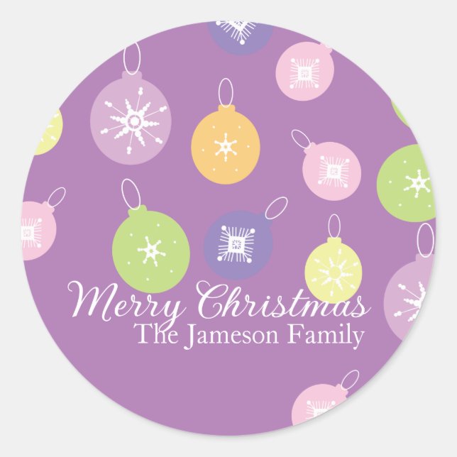 Adesivo Redondo Pastel Enfeites de natal Flocos de Neve Violeta (Frente)