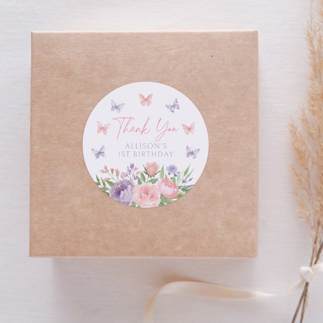 Adesivo Redondo Pastel Floral Butterfly Aniversário (Criador carregado)