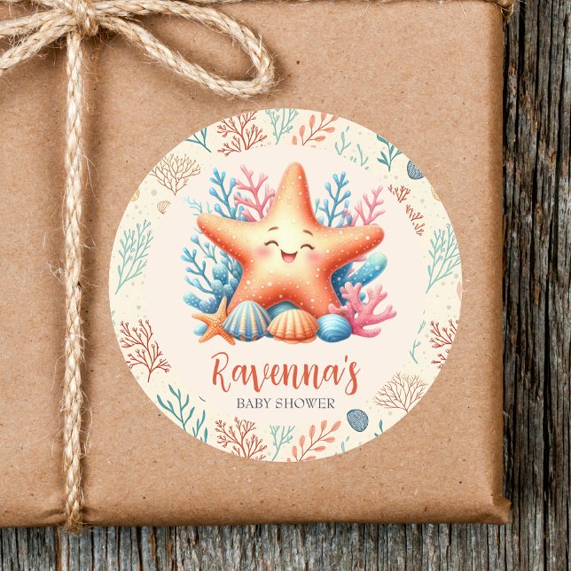 Adesivo Redondo Pastel Ocean Starfish Custom Name Baby Shower (Criador carregado)