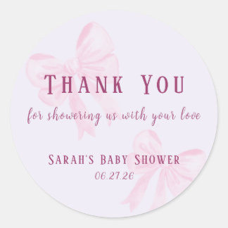 Adesivo Redondo Pastel Pink Bow Baby Shower Thank You Sticker